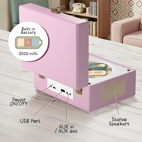 KLIM Retro CD Player – Reproductor CD portátil con Altavoces, Receptor Bluetooth, AUX, USB, batería Recargable, diseño Retro, Mini Cadena compacta con Mando a Distancia para casa y música – Rosa - imagen 6