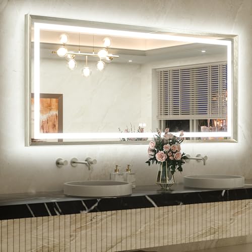 TETOTE 60 x 30 Large Bathroom Mirror Brushed Bright Nickel Metal Frame Frontlit & Backlit Vanity Mirror 3 Colors White/Warm/Natural Stepless Dimmable Anti-Fog Bathroom Mirrors for Vanity Wall-Mounted