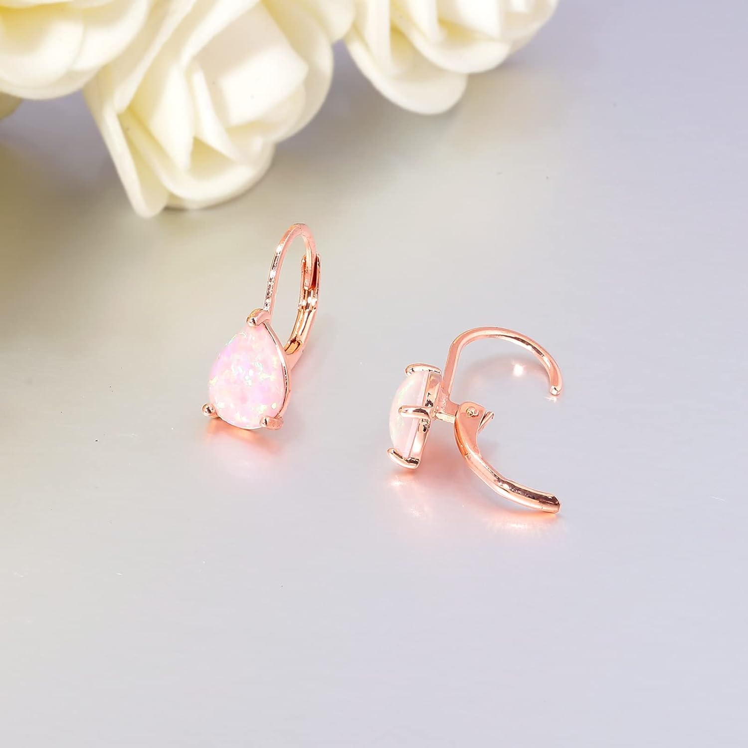 CiNily Opal Teardrop Earrings for Women Girls Hypoallergenic 14K Withe Gold Plated Dainty Opal Drop Earrings Leverback Dangle Earrings Jewelry for Sensitive Ears Mothers Gifts - Image 4