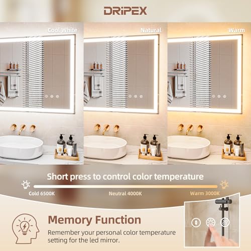 Dripex LED Bathroom Mirror Lights, 500 X 700 mm Anti Fog Illuminated Bathroom Mirrors Wall Light up LED Mirror Dimmable Touch Switch 3 Colors, Horizontal/Vertical - Image 3