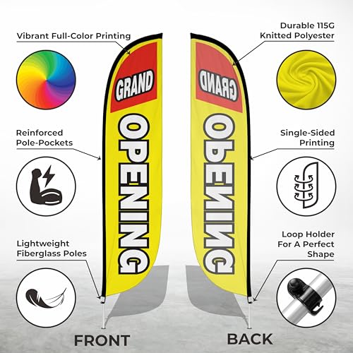 Image of LookOurWay Feather Flag Pole Kit - 12 Feet Tall Advertising Flag Banner with Fiberglass Pole Kit and Ground Spike for Business Promotion - Grand Opening Flags - Grand Opening Yellow & Red (10M1200027)