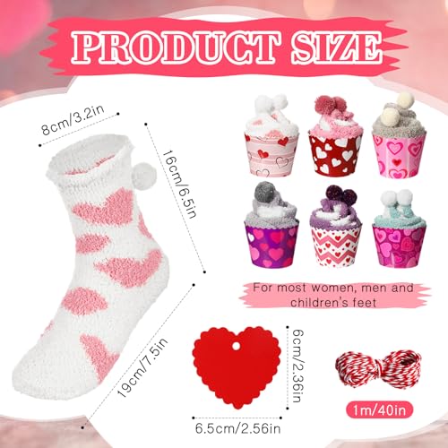 Image of 6 Pairs Valentine's Day Cupcake Socks Fuzzy Sock with Cupcake Card DIY Gift Slipper Stockings for Winter Women Men