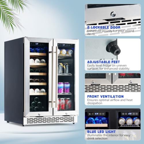 Image of Albott Beverage Refrigerator - 24-Inch Dual Zone Cooler with Glass Door, Freestanding /Under Counter Wine and Beer Fridge, Holds 20 Bottles & 78 Cans, Ideal for Kitchen, Bar, Office, 34-64℉ & 41-68℉
