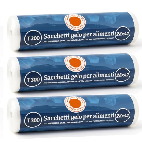 BAKAJI Set 3 Rotoli Sacchetti Freezer per Alimenti in Plastica 900 sacchi (3 x 300) Congelare e Conservare Cibo da Congelatore e Frigo in Plastica Salva Freschezza Super Resistenti (28 x 42 cm)