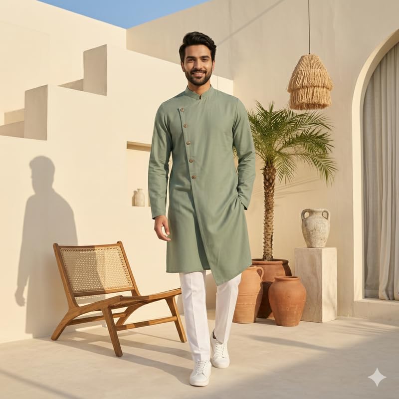 Image of OOMPH! Men's Ethnic Traditional Asymmetric Kurta Polycotton Regular Fit | High Neck Full Sleeves | Traditional Indian Festive Kurta | Stylish Casual and Wedding