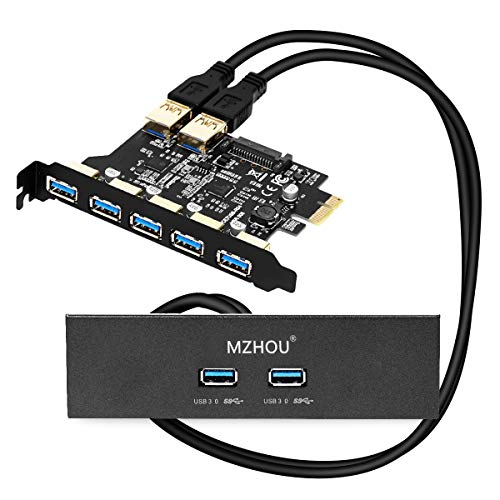 MZHOU 7 Ports PCI-E to USB 3.0 Expansion Card with 19-Pin SATA Power Connector Superspeed Up to 5Gbps and The Front Panel Bay and 1 Power Supply Cables for Window 7 8 10 XP Vista