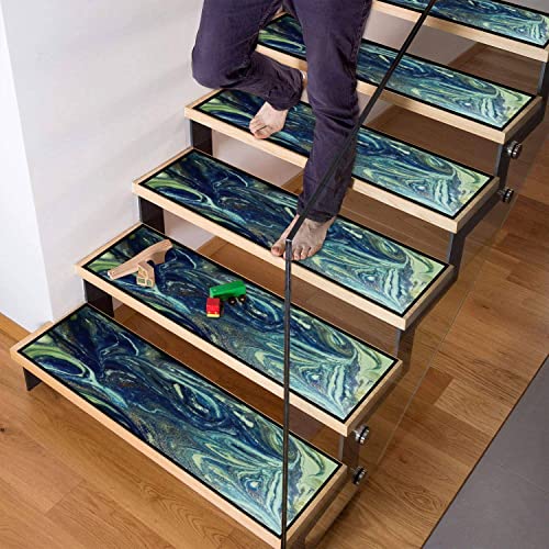 Marbled Blue Green And Golden Abstract Liquid Marble Stair Treads Runner Non Slip Self Adhesive Carpet Safety Rug Mats For Wooden Steps Kids Dogs Indoor Outdoor Step Covers 13Pcs #TOP1
