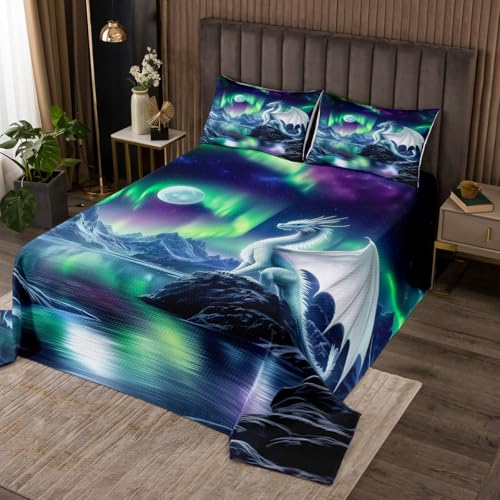 Erosebridal Aurora Dragon Bedding Set King,Gothic Dragon Quilt Set for Boys Kids Teens,Western Fantasy Animals Quilts Bed Set Starry Night Bedspread Set with 2 Pillowshams Room Decor