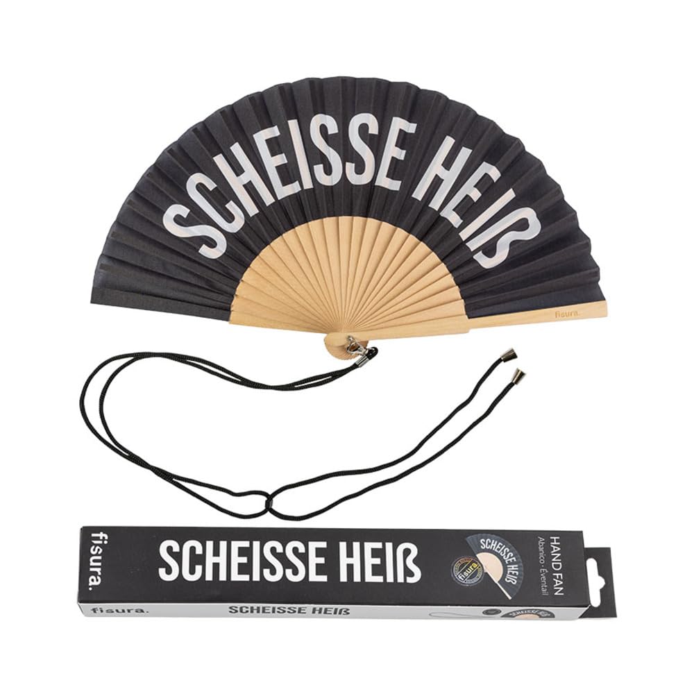 FISURA Original Hand Fan with the Message Sch*isse Hot Modern and Funny Wooden Fan Black and White Fan with Fan Holder Dimensions: 42.5 x 23 cm