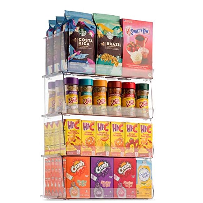 Set Of 4 Clear Pantry Organizer Bins Stackable Household Plastic Food Storage Basket with Wide Open Front for Kitchen, Countertops, Cabinets, Refrigerator, Freezer, Bedrooms, Bathrooms - 12 Wide