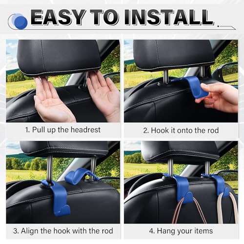 Image of SINGARO 4 Pack Car Seat Headrest Hooks, Vehicle Back Seat Hanger Storage Organizer for Purse Handbag Backpack Coat Grocery, 360 Rotating Heavy Duty Holds 44lbs, Blue