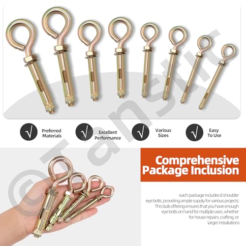 Image of Tanstic 8Pcs M16 Heavy Duty Carbon Steel Gold Tone Eye Bolts for Wall Ceiling Concrete Masonry