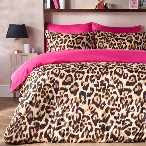 OHS Double Duvet Set Reversible, Super Soft Cosy Warm Microfibre Leopard Print Double Bedding Modern Quilt Cover Set with Pillowcases, Natural/Hot Pink