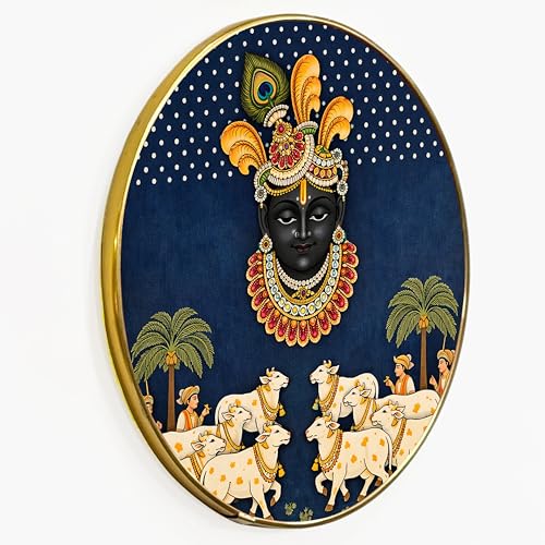 Image of Krishna Pichwai Round Framed Wall Art Painting For Living Room | Religious Shrinathji Spiritual Vastu Wall Art Painting With Frame For Home, Bedroom, Temple & Office, 16 Inch