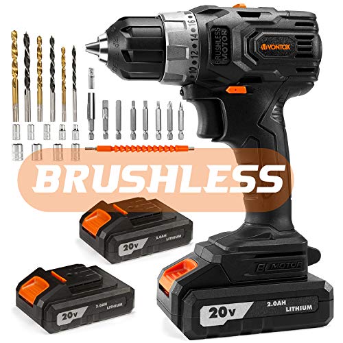 Bürstenloser Akkuschrauber/Akku Bohrschrauber, Max 20V/2Ah, 2x2000mAh Lithium Akku, Drehmoment 48N.m, 60Min Ladegerät, 3/8 Inch Bohrfutter,