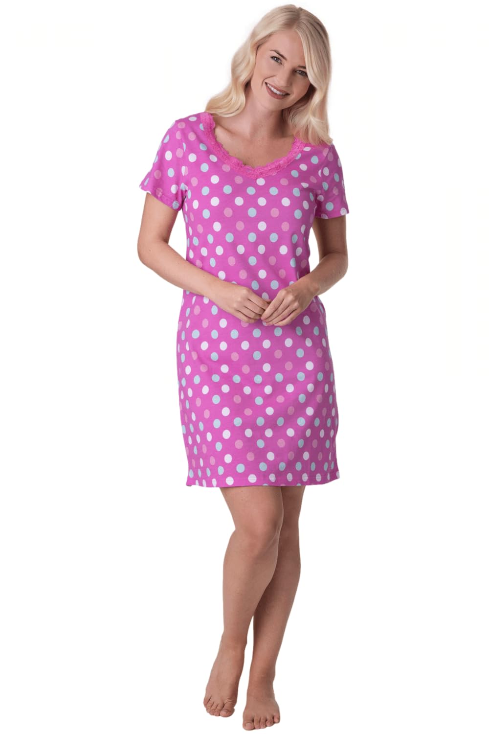 Camille Women's Pink Polka Dot Print Cotton Summer Nightshirt In Size 10-12