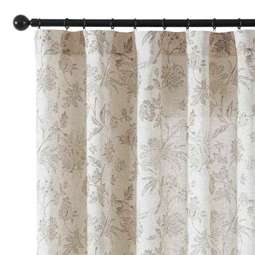Vangao Linen Taupe Floral Curtains for Bedroom, 96 Inch Length Printed Flower French Country...