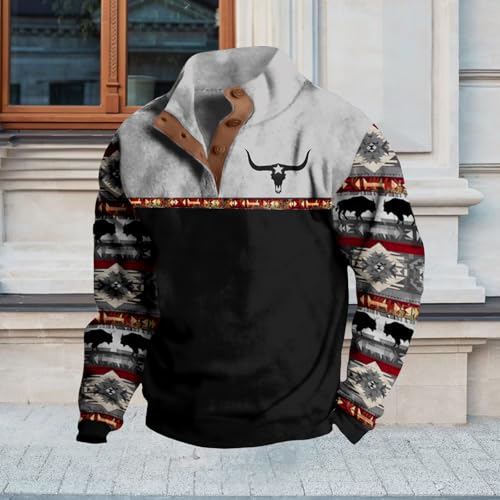 Bengbobar Men's Western Fleece Jacket Cowboy Bull Head Print Pullover 1/4 Zip Stand Collar Long Sleeve Country Sweatshirts2