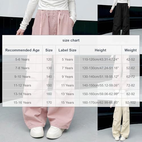 Xiaojmake Girls Cargo Pants Casual High Waisted Parachute Pants Drawstring Loose Hip Hop Wide Leg Pant Y2K Streetwear 5-16T2