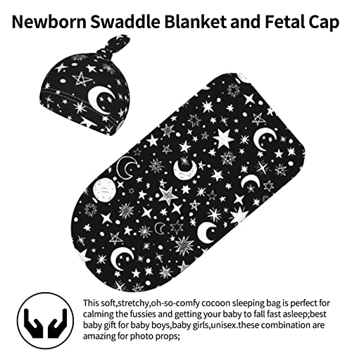 Image of Moon Star Baby Stuff Swaddle Blanket Wrap Baby Newborn Blanket Soft Stretchy With Hat Set Gift For Infant Boy Girl