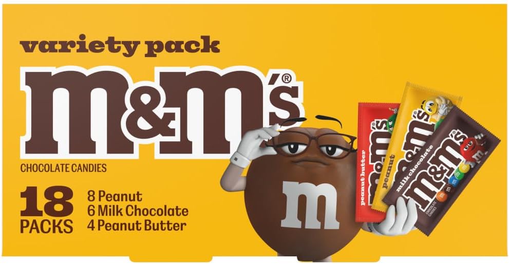 M&M'S Milk Chocolate Candy, Variety Pack, Full Size, Pack of 18 Bulk Candy Chocolate