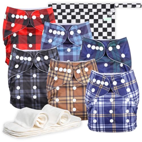 Image of Wegreeco Cloth Diapers 6 Pack with Inserts & Wet Bag, Washable Reusable Diapers for Babies, One Size Adjustable (Checkered)
