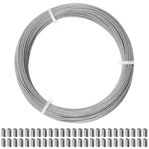 CELYND Stainless Steel Wire Rope - 100FT 1/16 Aircraft Cable with 50Pcs Crimping Sleeves for Outdoor Hanging String Lights Garden Trellis Clothesline DIY Projects