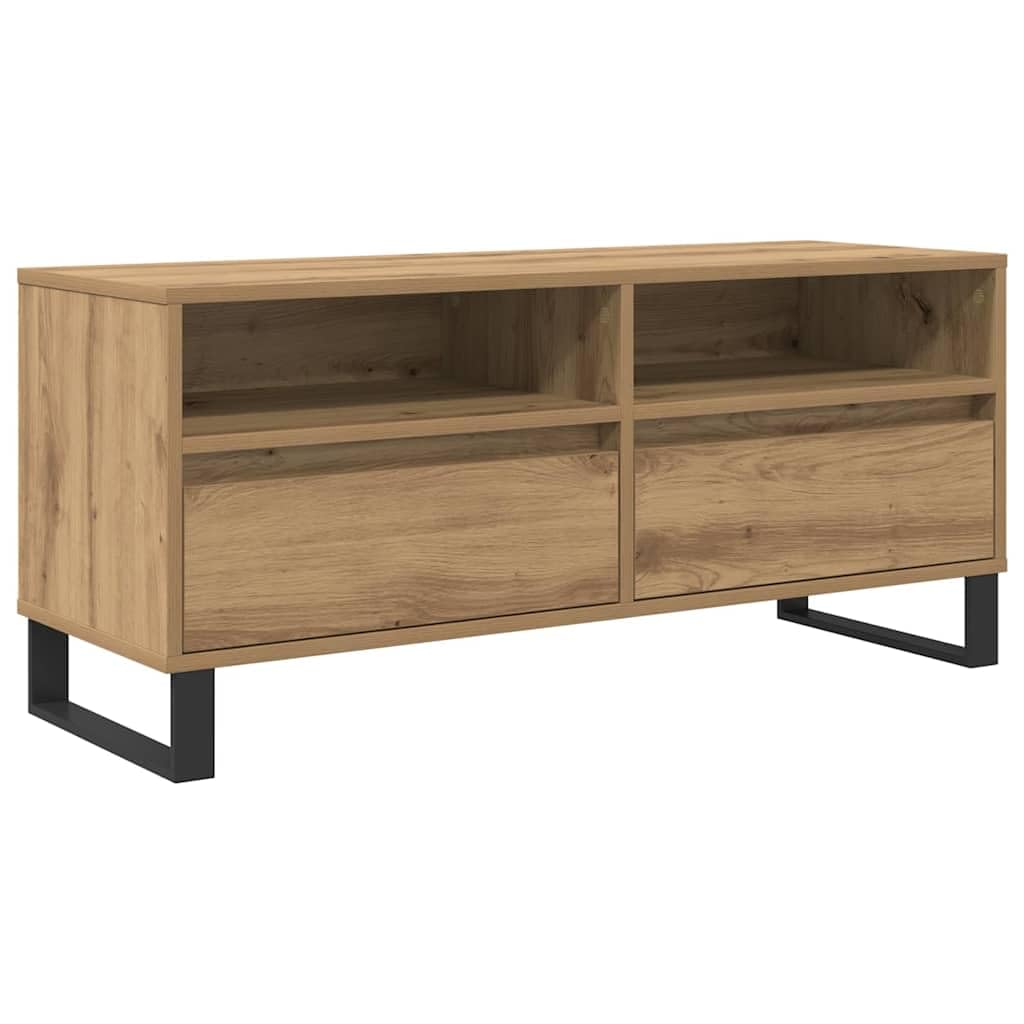 39-Inch Engineered Wood TV Stand with Drawer, Artisan Oak | Measures 39.4 x 13.6 x 17.5 inches, featuring open storage compartments for consoles and media devices in the living room.