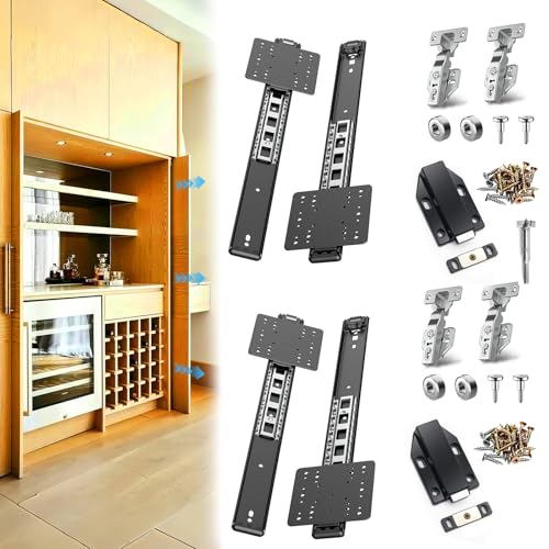 Image of 14 Inch Pocket Door Slides Hardware for Cabinets 2Set - Cabinet Slide Door Hinge,Sliding Pocket Door Rail Cabinet with Retractable Rebounder,Pivot Kit for Kitchen Furniture & Recessed Doors
