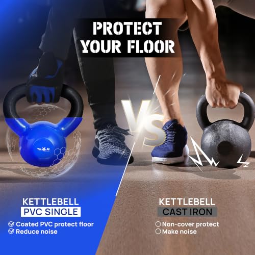 Yes4All Kettlebell, 5-100 LB Vinyl Coated Cast Iron Strength Training Kettlebells for Home Gym Exercises, Fitness, Full Body Workout Equipment, Push Ups, and Grip Strength