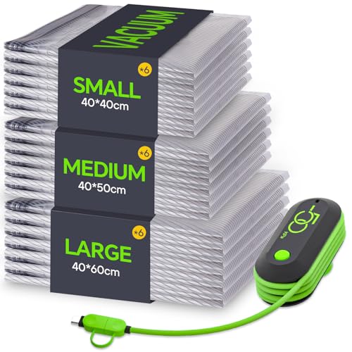 Vacbird Bolsa de Vacío Ropa Con Bomba EléCtrica, 18 Bolsas Para Guardar Ropa (6 Grandes, 6 Medianas, 6 PequeñAs), Reutilizables Para Mudanzas ArtíCulos De Viaje Y Almacenamiento diario