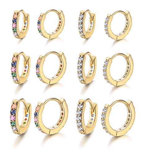 Jstyle 6Pairs Huggie Hoop Earring for Women Cubic Zirconia Earrings Rainbow CZ Multicolored Tiny Cartilage Tragus Helix Piercing Earrings Gold Tone