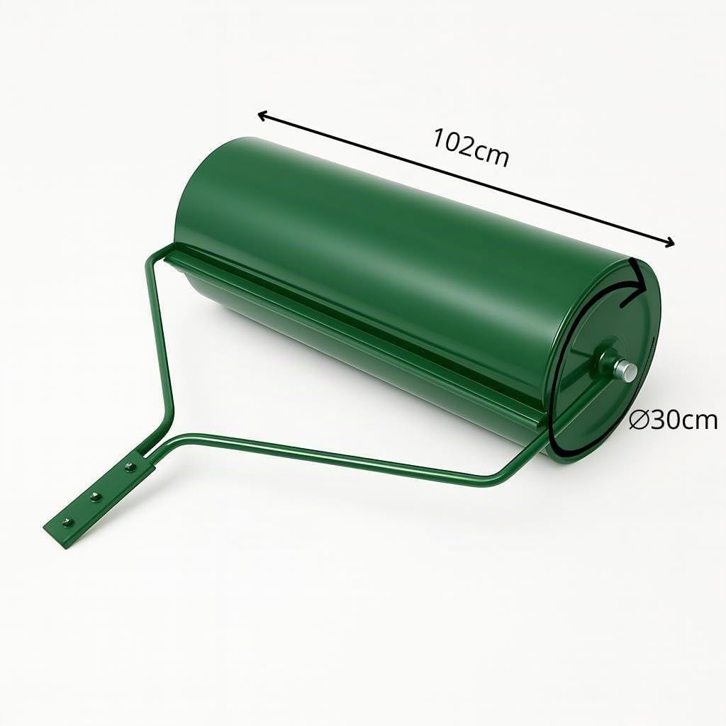 Gartenwalze 102 cm für Rasentraktor – Robuste Anhängewalze aus Stahl, befüllbar mit Wasser & Sand (bis 210 kg) – Rasenwalze mit Schmutzabstreifer, Grün, Ø 30 cm (BirnePower)