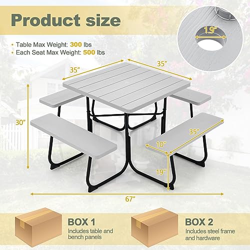Image of Tangkula 8 Person Picnic Table, Outdoor Square Picnic Table with 4 Built-in Benches, Umbrella Hole, Metal Frame & HDPE Tabletop, Outside Table and Bench Set for Backyard, 2300lbs Weight Capacity
