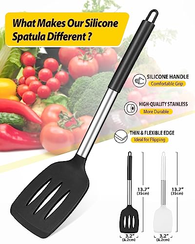 Image of Pack of 2 Silicone Solid Turner,Non Stick Slotted Kitchen Spatulas,High Heat Resistant BPA Free Cooking Utensils,Ideal Cookware for Fish,Eggs,Pancakes(Black+White)