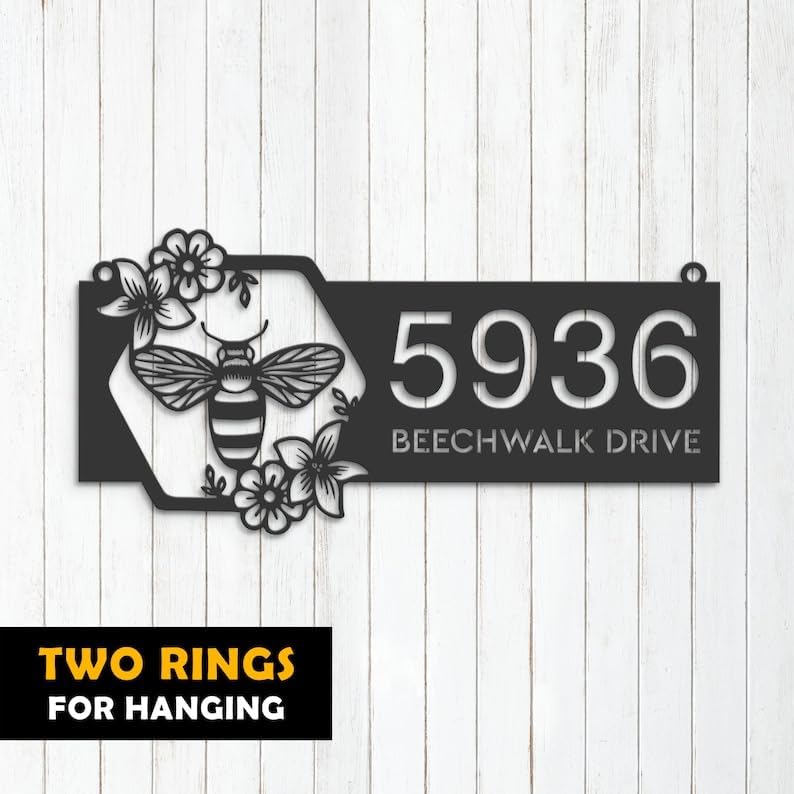 Personalized Bee Address Sign Floral Bee House Number Plaque 8x8 inch Bee Outdoor Sign Housewarming Gift for Bee Lover (Bee)