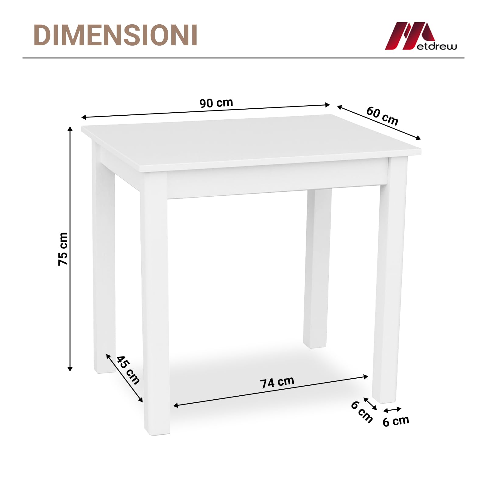 Tavolo da Pranzo in Legno 90x60 cm per 2 Persone - Tavolo Cucina Piccolo Stile Scandinavo - Pino - Piano Bianco