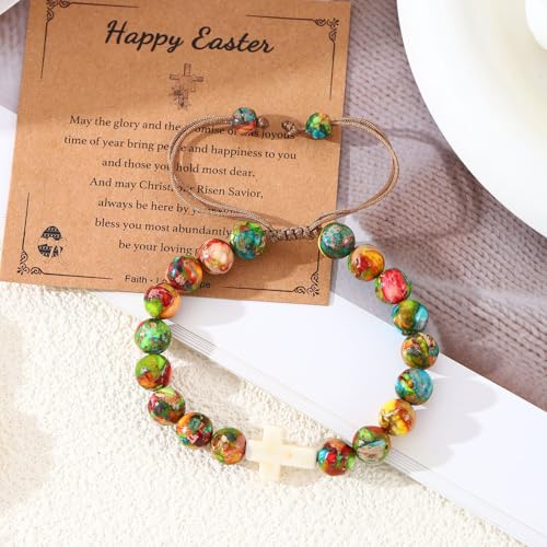 Image of enasal Easter Basket Stuffers for Teens Girls, Nature Stone Easter Gifts Cross Bracelet, Christian Gifts Inspirational Jewelry