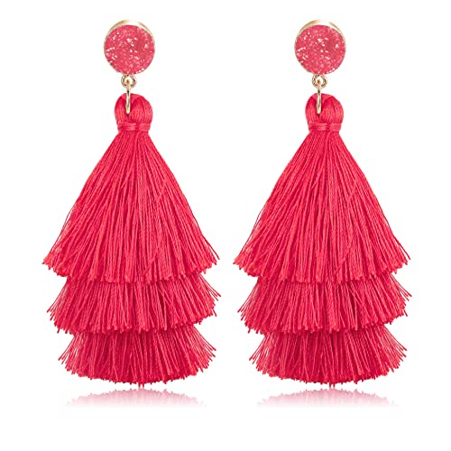 Cassieca Tassel Statement Earrings For Women Clip On Drop Earrings Colorful Bohemian Tiered Tassel Druzy Dangle Drop Earrings Non Piercing Jewelry Birthday Christmas Valentines Day Gift #TOP4