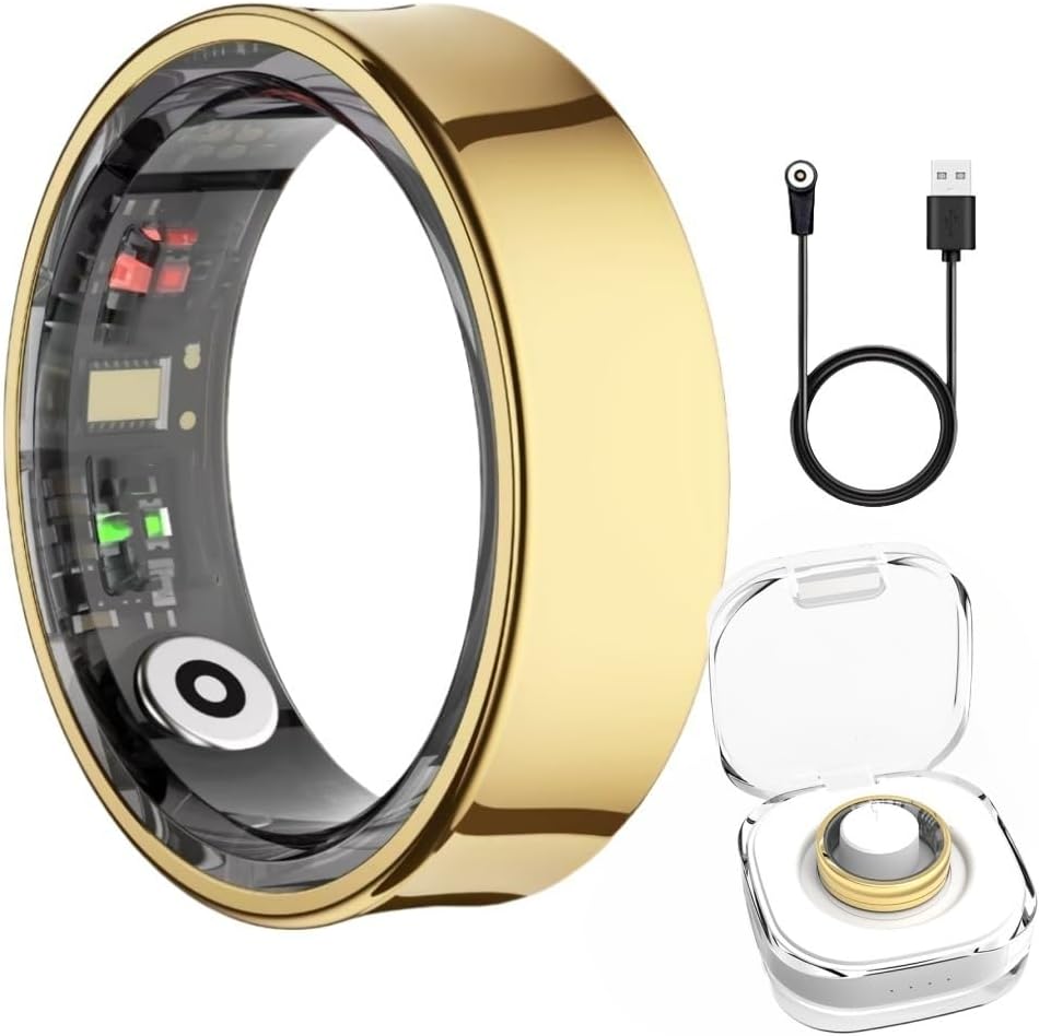 Smart Health Ring for Women Men Fitness Tracker with Heart Rate, Blood Oxygen, Blood Pressure, Sleep Monitoring, Step Counting, IP68 Waterproof for iPhone and Android, No Subscription Fee(Gold, 9)