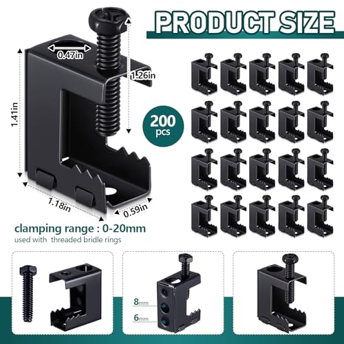 Image of Tandefio 200 Pcs 1 /4 inch-20 Spring Steel Beam Clamps Metal Beam Hangers Bolt on Clamp for Installation on Beams 1 /4 inch and 3 /8 inch Threaded Rod, S Hooks Bridle Rings for Pipe Cable Woodworking Tool (Black)