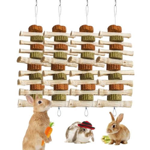 Image of 4 PCS Rabbit Chew Toys for Teeth Grinding, Delicious Bunny Cage Hanging Chew Toys, Natural Sweet Bamboo Chew Sticks and Timothy Grass Cake Hay Treats Maintaining Healthy Teeth for Rabbits