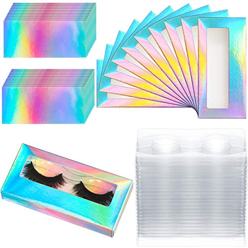 50 Sets Empty Eyelash Case Set, Include 50 Empty Eyelash Box Lash Box Packaging Eyelash Storage Box, 50 Eyelash Box Tray False Eyelash Storage Box Tray, 50 Internal Background Paper (Holographic)