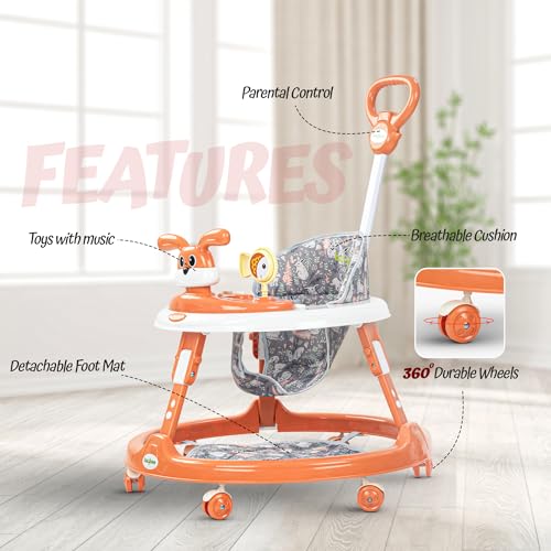 Image of Baybee Bunny Pro 2-in-1 Baby Walker for Kids with Push Handle, 2-Level Height Adjustment, Mat & Musical Toy Bar | Activity Push Walker for Babies 6-18 Months (Orange)