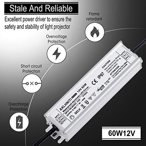 Image of LED Driver 60W 12V DC Low Voltage Output, Waterproof IP67 LED Power Supply,LED Transformer with 3-Prong Plug 3.3 Feet Cable for LED Light, Computer Project, Outdoor Light