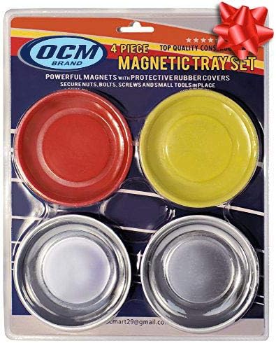 OCM 4 Pack Magnetic Parts Tray Set, Includes 2 Stainless 4 1/4-inch Diameter Bowls, 2 Impact-Resistant Color Coded Bowls