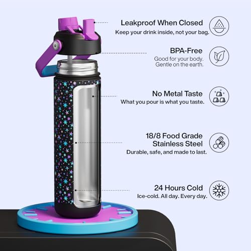 Image of ENCOOL Insulated Water Bottle with Straw Stainless Steel Water Bottle, Glow in the Dark, Leak-Proof, BPA-Free, Keeps Cold for 24 Hours for Sports, Travel, School (26 oz, Neon Starlight)