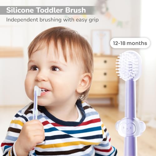 Image of R for Rabbit Tiny Smiles Pixie 3-in-1 Baby Toothbrush Set BPA-Free Silicone | Gum Massager, U-Shape & Toddler Brush with Travel Case (3Pcs) | Ultra Soft Teeth Cleaner for 0-18 M Babies (Purple)