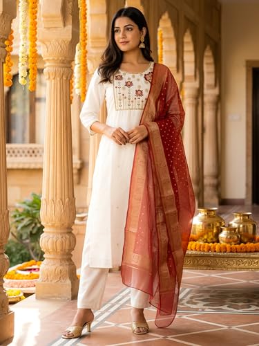 Image of INDO ERA Women's Silk Blend Embroidered Thread Work Kurta & Pant with Dupatta Set | Suit Set For Women