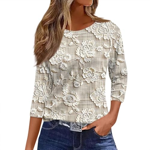 Womens 3/4 Sleeve Tops and Blouses;3/4 Length Sleeve Womens Tops Fashion Floral Print Vintage Tshirts Spring Casual Loose Crew Neck Blouses 2025,0020-Khaki Large